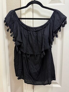 a.n.a Black Off-the-Shoulder Tassel Blouse